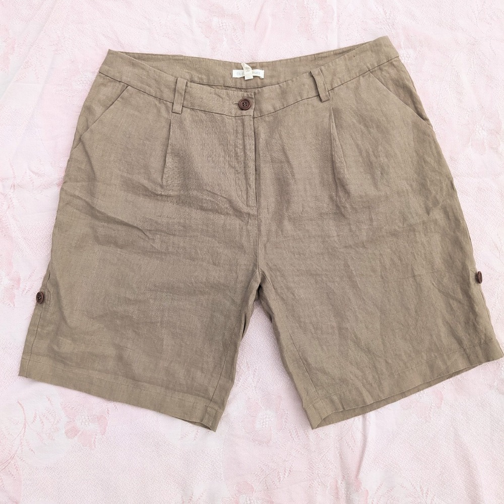 Eileen Fisher Organic Linen Bermuda Shorts Womens 10 Neutral Roll Cuff Coastal